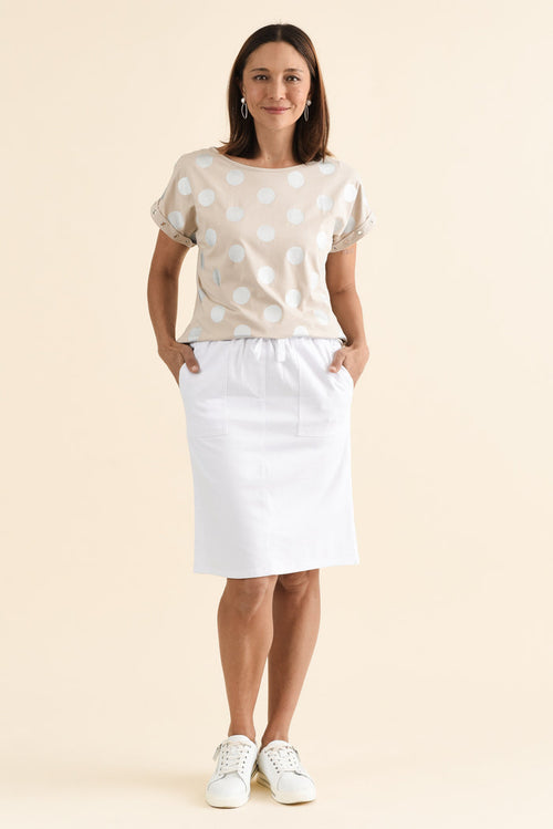 Abigail White Drawstring Skirt,brunette model,Full Outfit,alt text|model:Cara