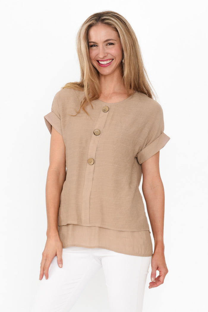 Abilene Beige Button Top,Blonde model,alt text|model:Anthea