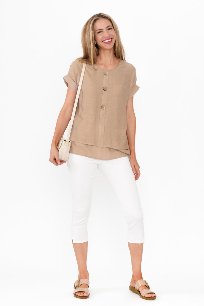 Abilene Beige Button Top,Blonde model,alt text|model:Anthea