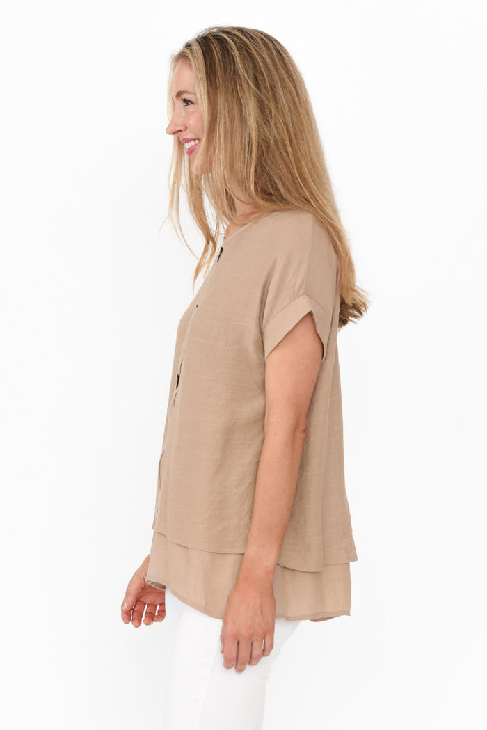 Abilene Beige Button Top,Blonde model,alt text|model:Anthea