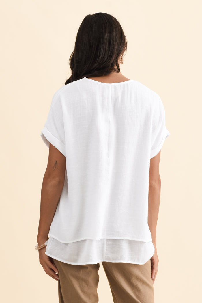 Abilene White Button Top,Brunette model,alt text|model:Brontie