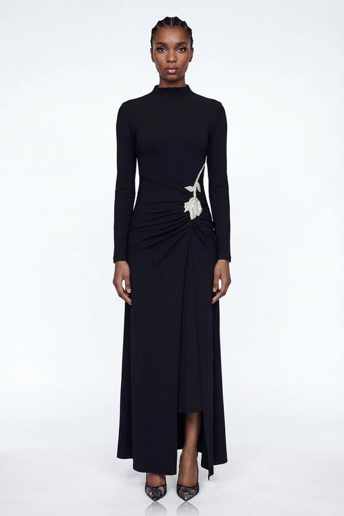 Adobe Long Sleeve Rhinestone Flower Maxi Dress In Black