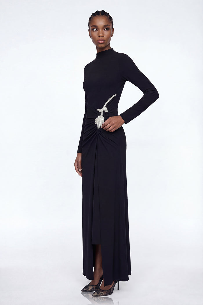 Adobe Long Sleeve Rhinestone Flower Maxi Dress In Black