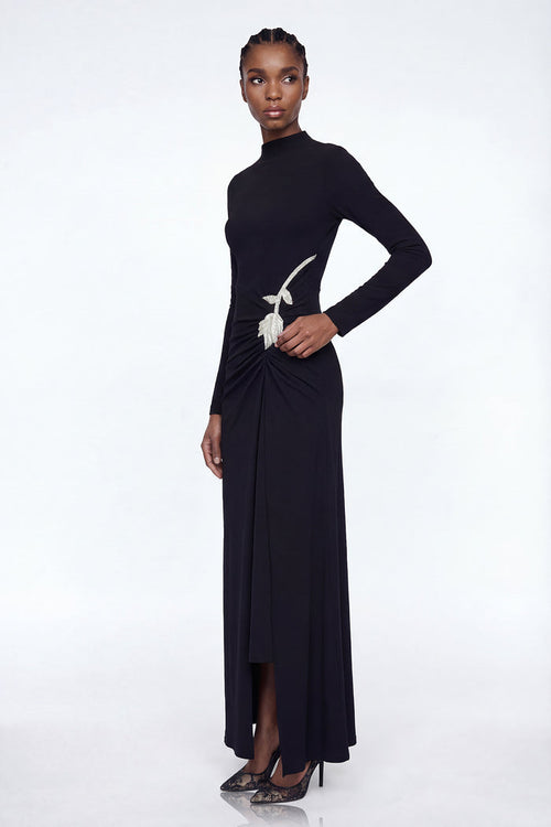 Adobe Long Sleeve Rhinestone Flower Maxi Dress In Black