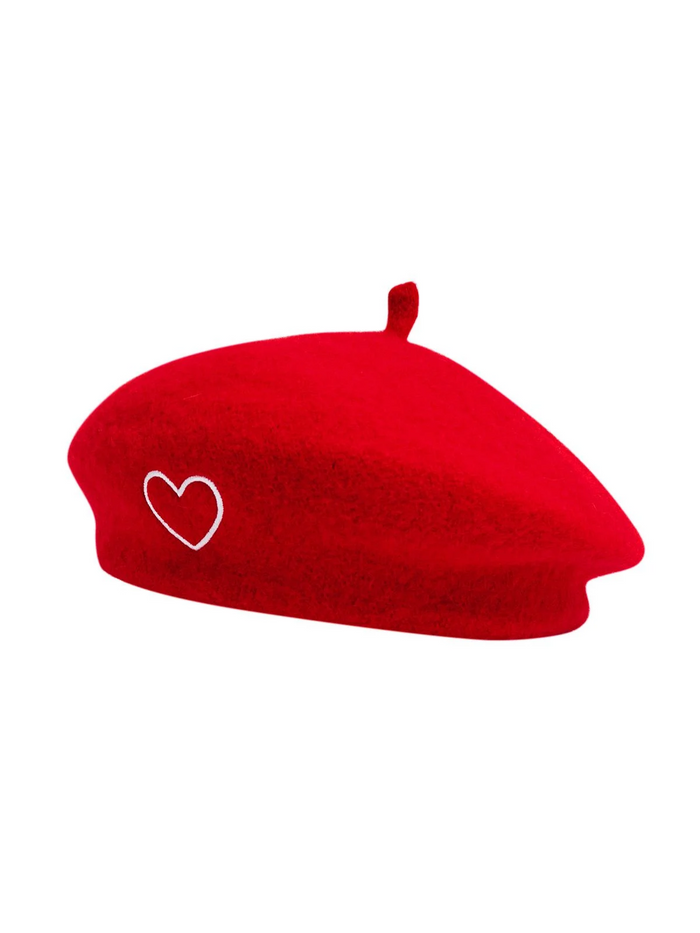 Adore You Red Heart-Embroidered Winter Beret Mia Belle Girls