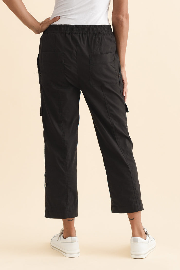 Air-Lite Black Stretch Cargo Pants,Brunette model,alt text|model:Brontie