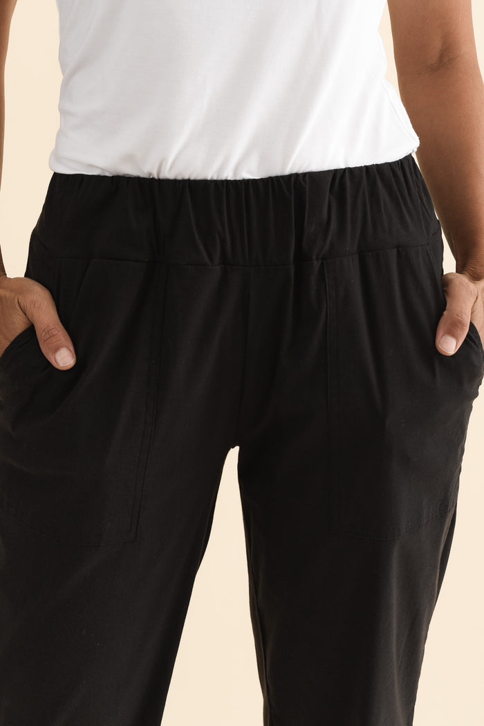 Air-Lite Black Stretch Pocket Pants,Brunette model,alt text|model:Cara