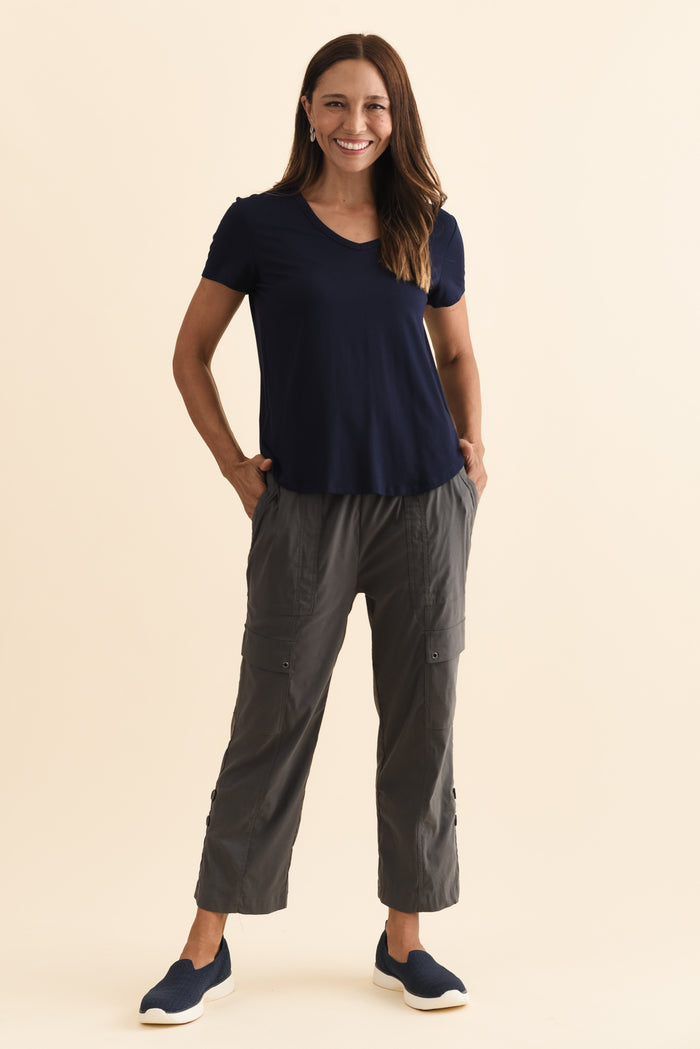 Air-Lite Charcoal Stretch Cargo Pants,Brunette model,alt text|model:Cara