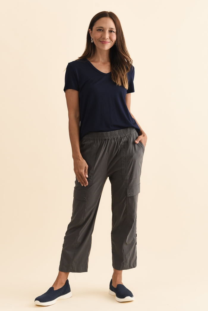 Air-Lite Charcoal Stretch Cargo Pants,Brunette model,alt text|model:Cara