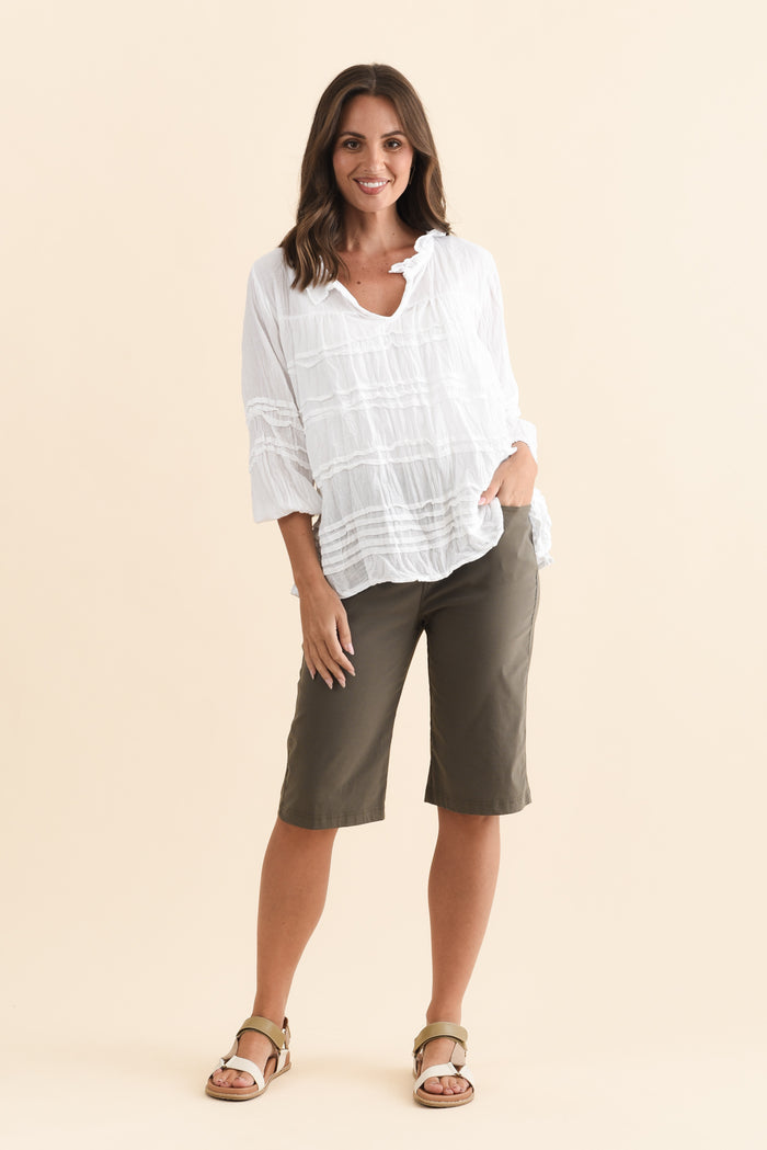 Air-Lite Olive Stretch Pocket Shorts,Brunette model,alt text|model:MJ