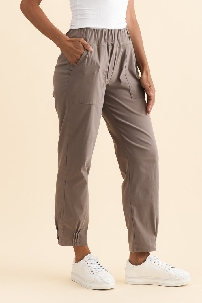 Air-Lite Taupe Stretch Pocket Pants,Brunette model,alt text|model:Cara
