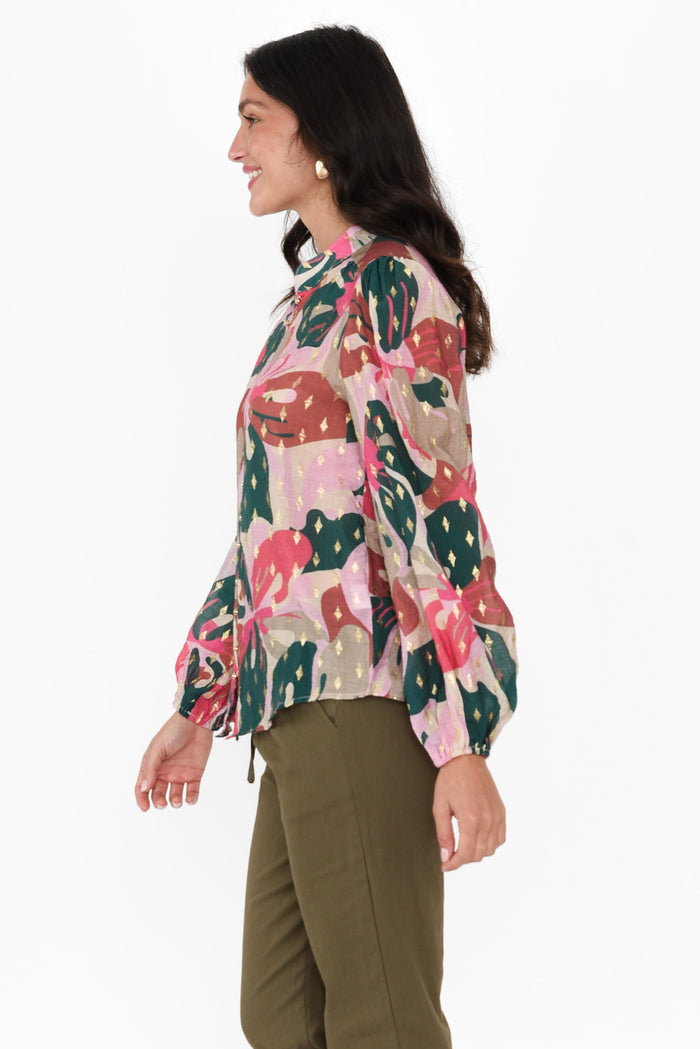Alaina Pink Floral Button Blouse,Brunette model,alt text|model:Brontie
