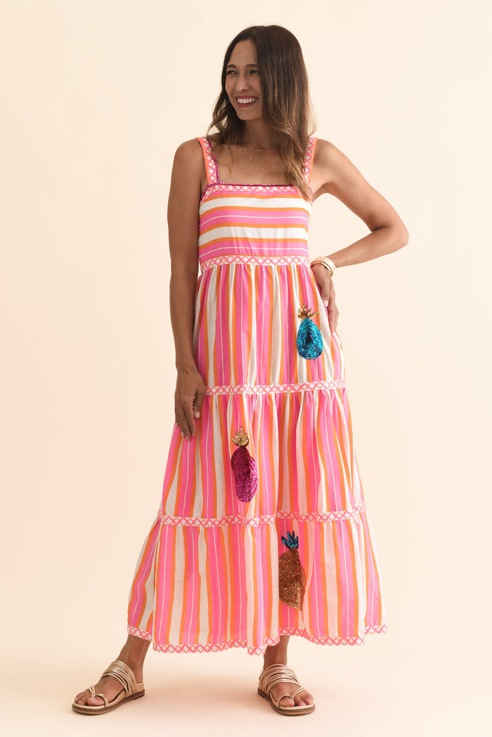 Alix Pink Stripe Cotton Tier Dress,Brunette model,alt text|model:Cara