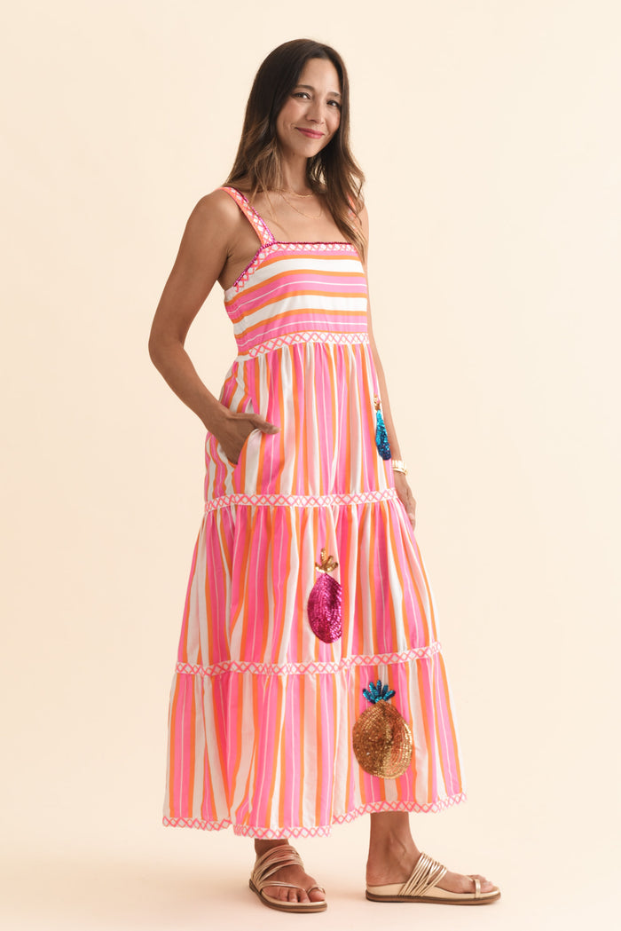 Alix Pink Stripe Cotton Tier Dress,Brunette model,alt text|model:Cara