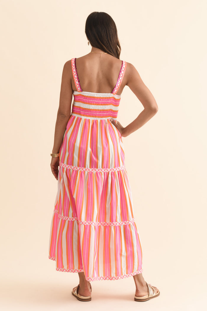 Alix Pink Stripe Cotton Tier Dress,Brunette model,alt text|model:Cara