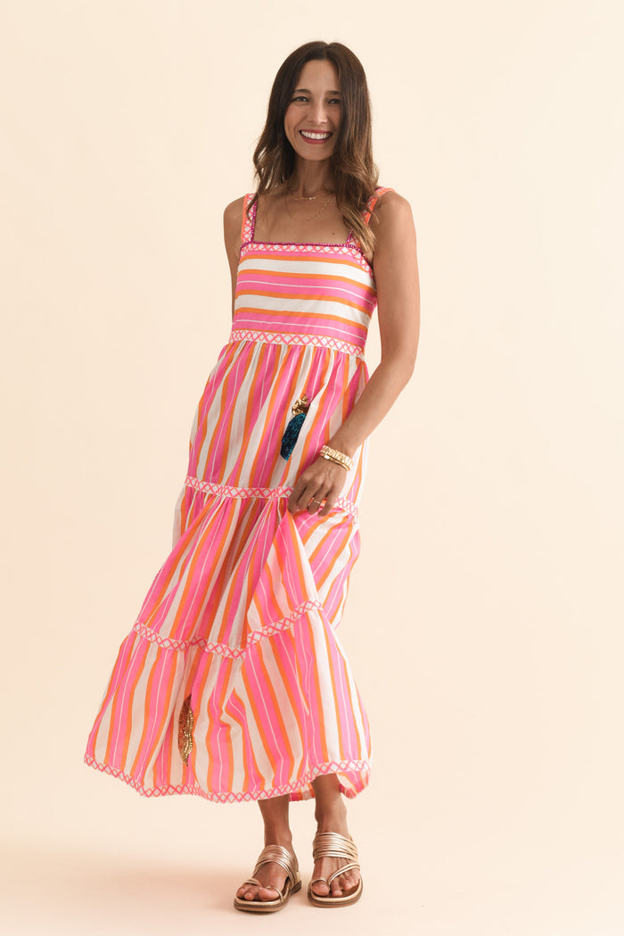 Alix Pink Stripe Cotton Tier Dress,Brunette model,alt text|model:Cara