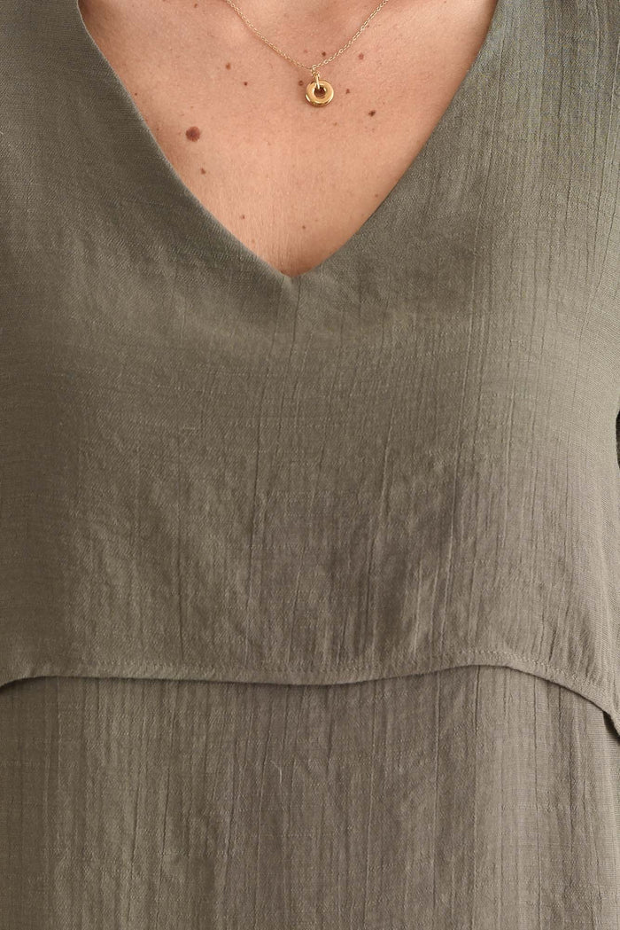 Alvina Khaki Layered Tunic Top,Full Body,Brunette model,alt text|model:MJ