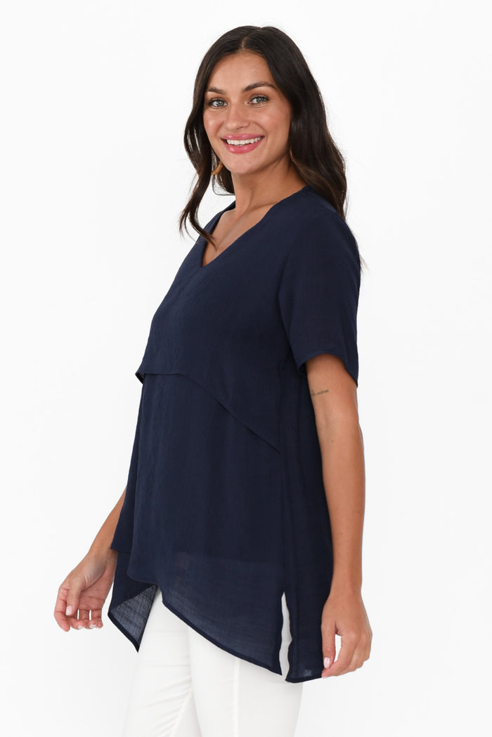 Alvina Navy Layered Tunic Top,Brunette model,alt text|model:Brontie