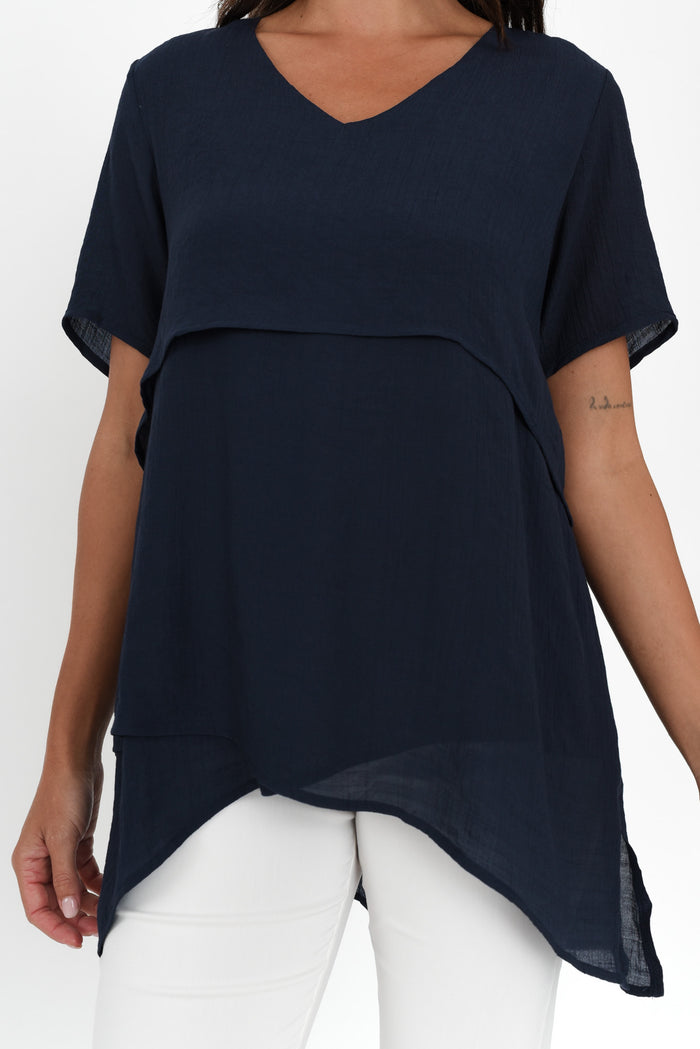 Alvina Navy Layered Tunic Top,Brunette model,alt text|model:Brontie
