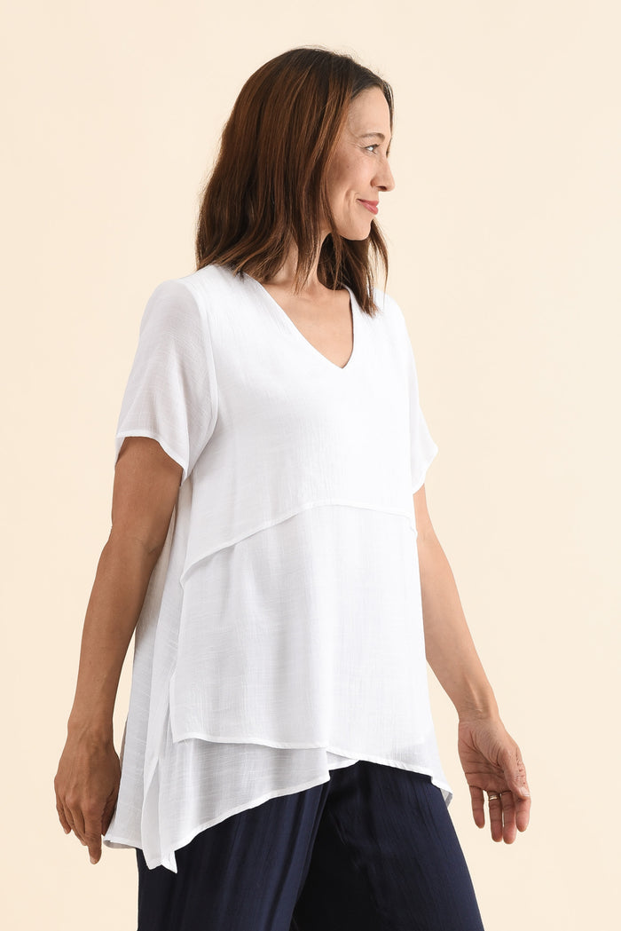 Alvina White Layered Tunic Top,Side,Brunette model,alt text|model:Cara