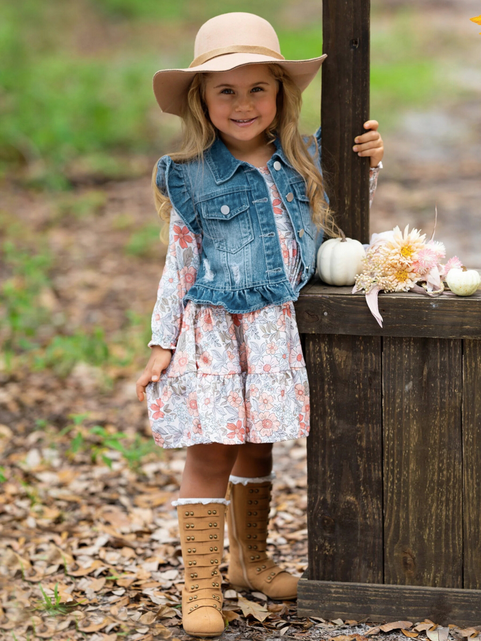 Always In Bloom Denim Vest and Floral Dress Set Mia Belle Girls
