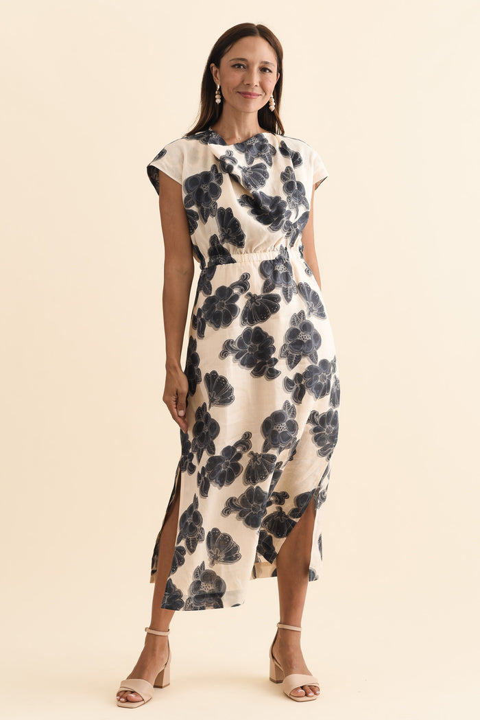 Amara Ivory Floral Drape Dress,Brunette model,alt text|model:Cara
