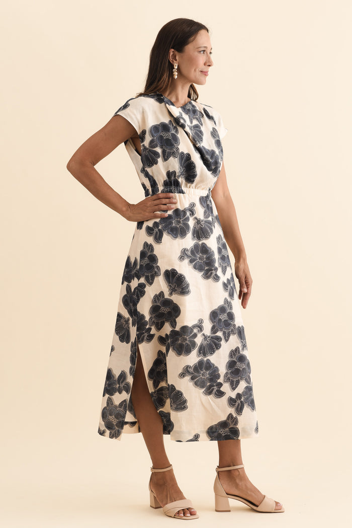 Amara Ivory Floral Drape Dress,Brunette model,alt text|model:Cara