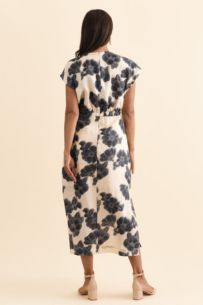 Amara Ivory Floral Drape Dress,Brunette model,alt text|model:Cara