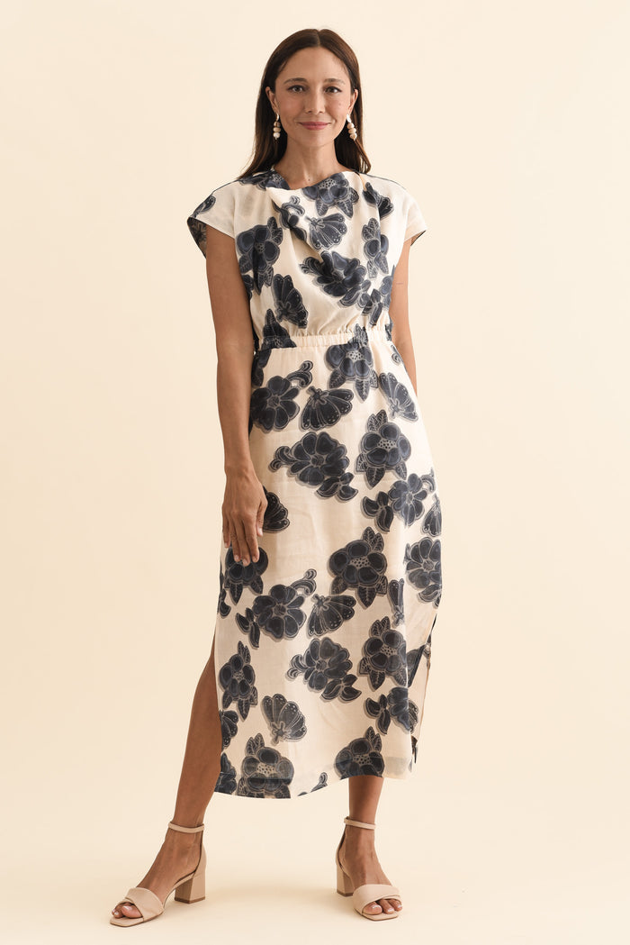 Amara Ivory Floral Drape Dress,Brunette model,alt text|model:Cara
