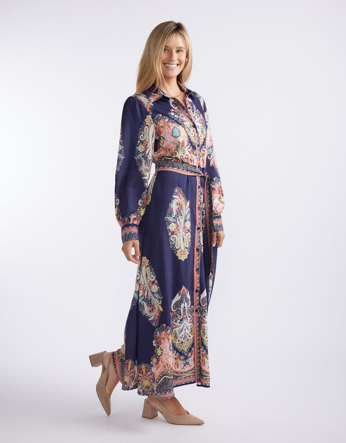 Amelie Shirt Midi Dress - Navy Print