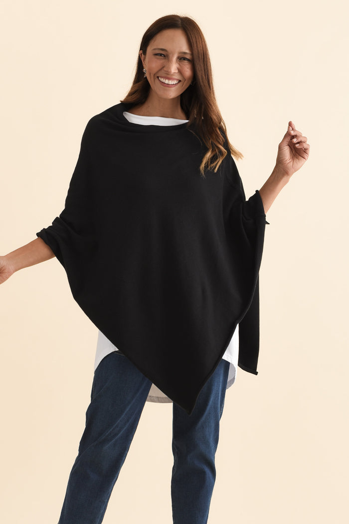 Amy Black Wool Blend Poncho,Brunette model,alt text|model:Cara