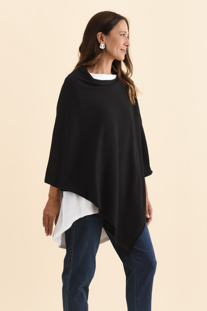 Amy Black Wool Blend Poncho,Brunette model,alt text|model:Cara