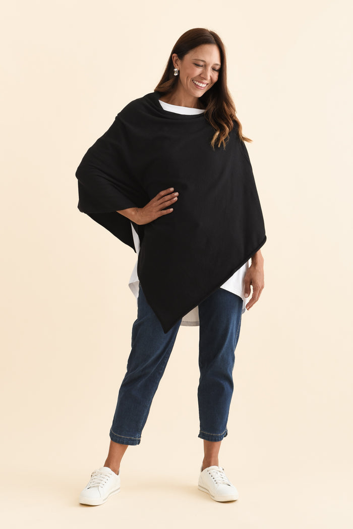 Amy Black Wool Blend Poncho,Brunette model,alt text|model:Cara