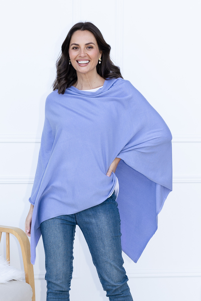 Amy Blue Wool Blend Poncho,Brunette model,Lifestyle