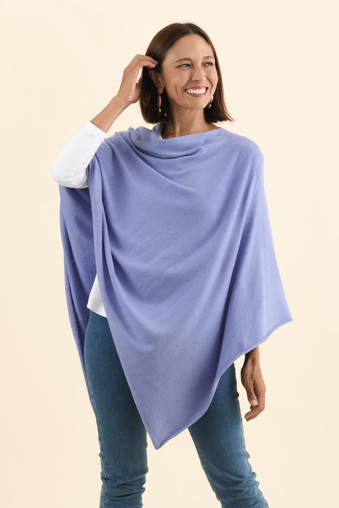 Amy Blue Wool Blend Poncho,Brunette model,alt text|model:Cara