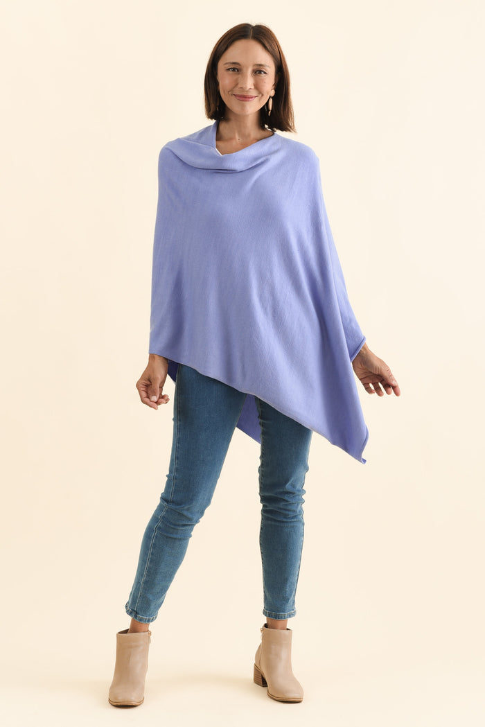 Amy Blue Wool Blend Poncho,Brunette model,alt text|model:Cara