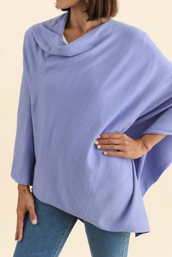 Amy Blue Wool Blend Poncho,Brunette model,alt text|model:Cara