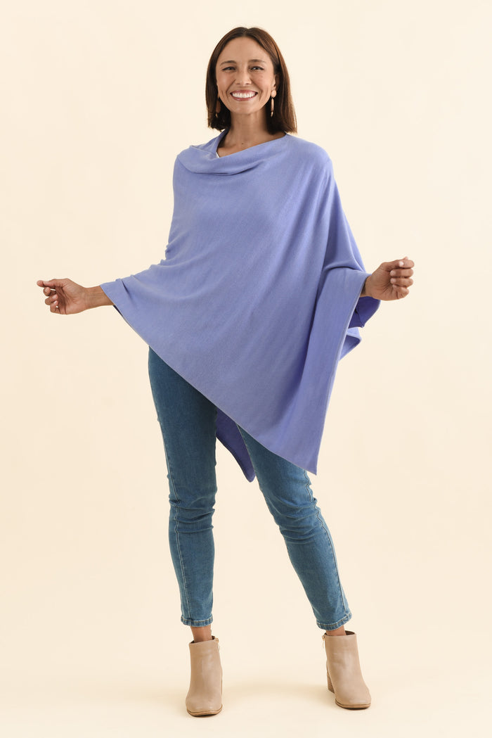 Amy Blue Wool Blend Poncho,Brunette model,alt text|model:Cara