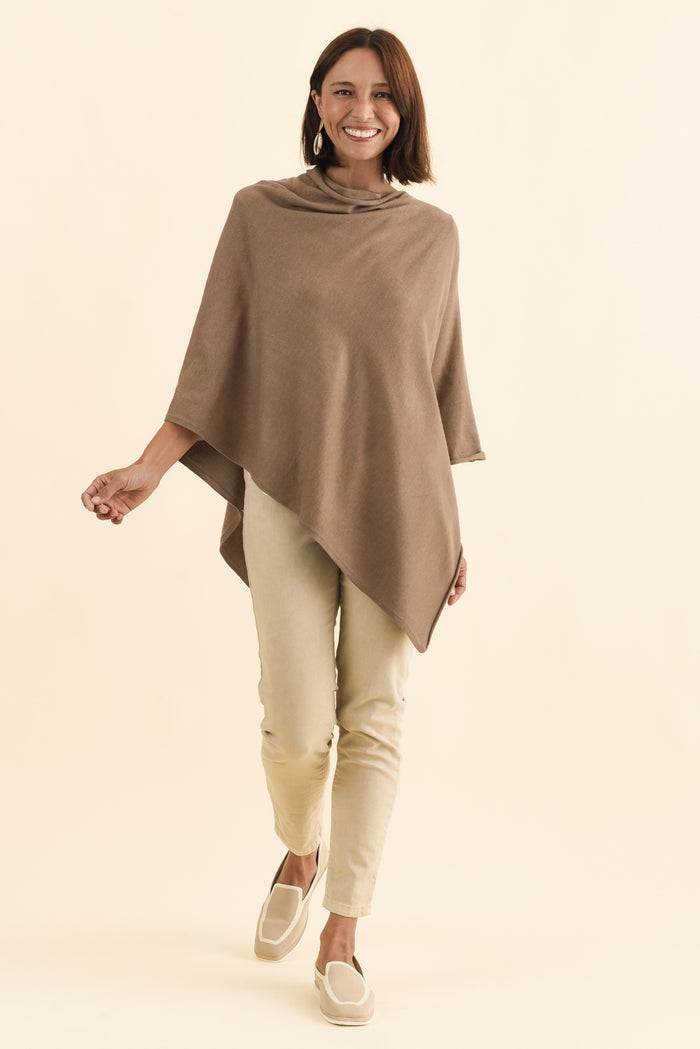 Amy Chocolate Wool Blend Poncho,Brunette model,alt text|model:Cara