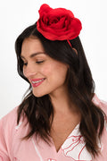 Amy Red Flower Fascinator,Brunette model,alt text|model:Brontie