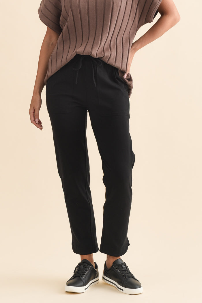 Angie Black Cotton Drawstring Pants,Brunette model,alt text|model:MJ