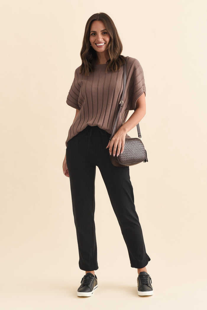 Angie Black Cotton Drawstring Pants,Brunette model,alt text|model:MJ