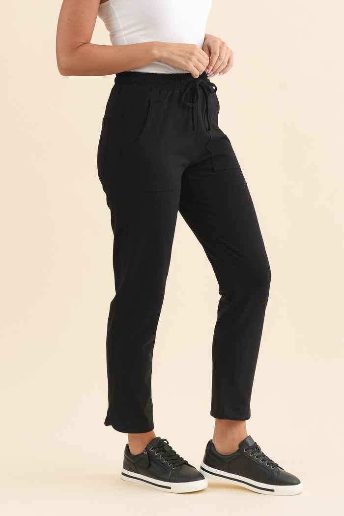 Angie Black Cotton Drawstring Pants,Brunette model,alt text|model:MJ