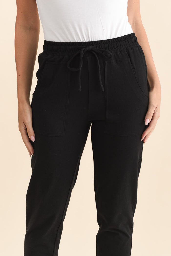 Angie Black Cotton Drawstring Pants,Brunette model,alt text|model:MJ
