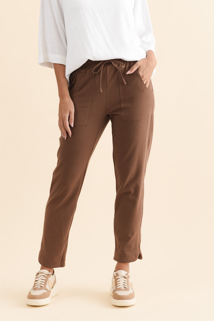 Angie Chocolate Cotton Drawstring Pants,Brunette model,alt text|model:MJ