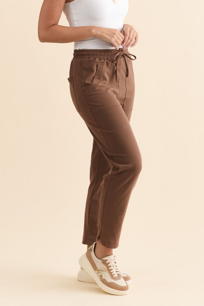 Angie Chocolate Cotton Drawstring Pants,Brunette model,alt text|model:MJ