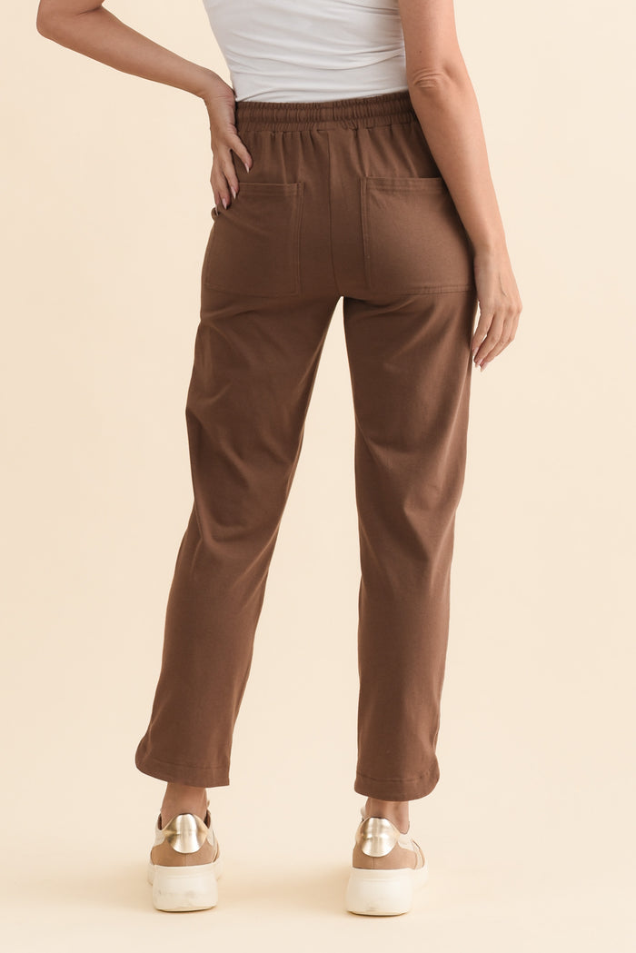 Angie Chocolate Cotton Drawstring Pants,Brunette model,alt text|model:MJ