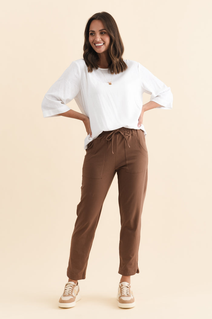 Angie Chocolate Cotton Drawstring Pants,Brunette model,alt text|model:MJ