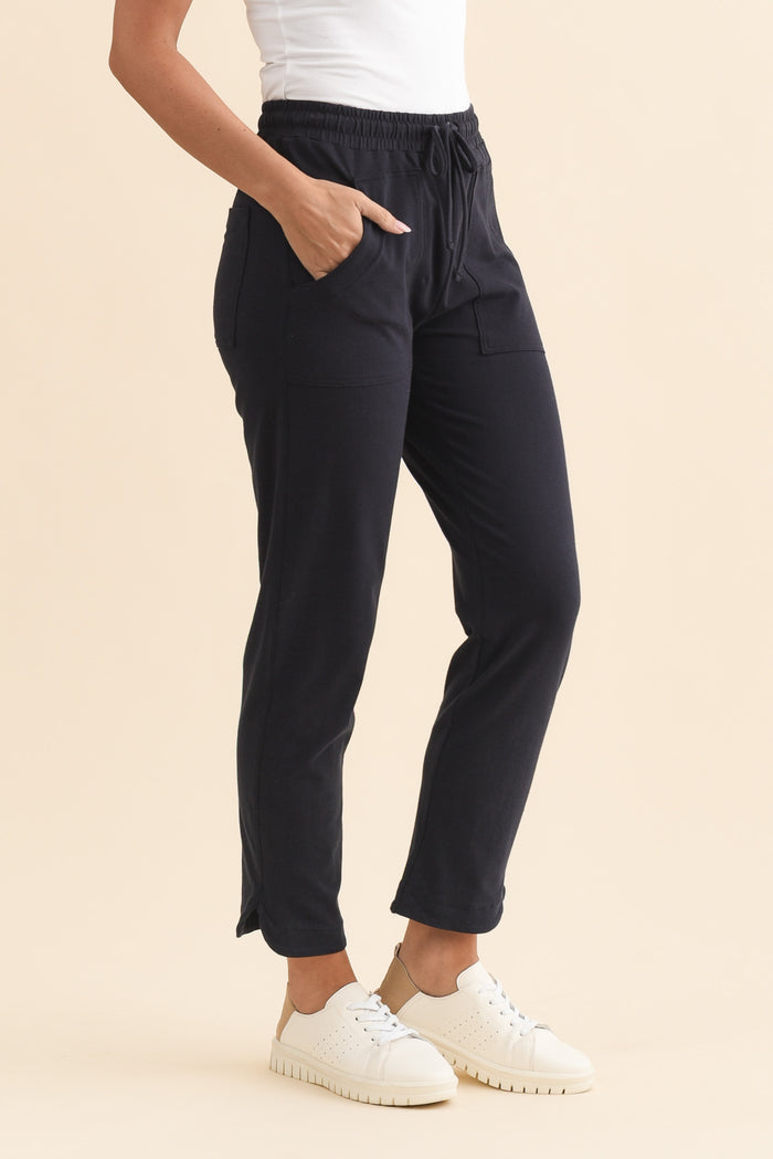 Angie Navy Cotton Drawstring Pants,Brunette model,alt text|model:MJ