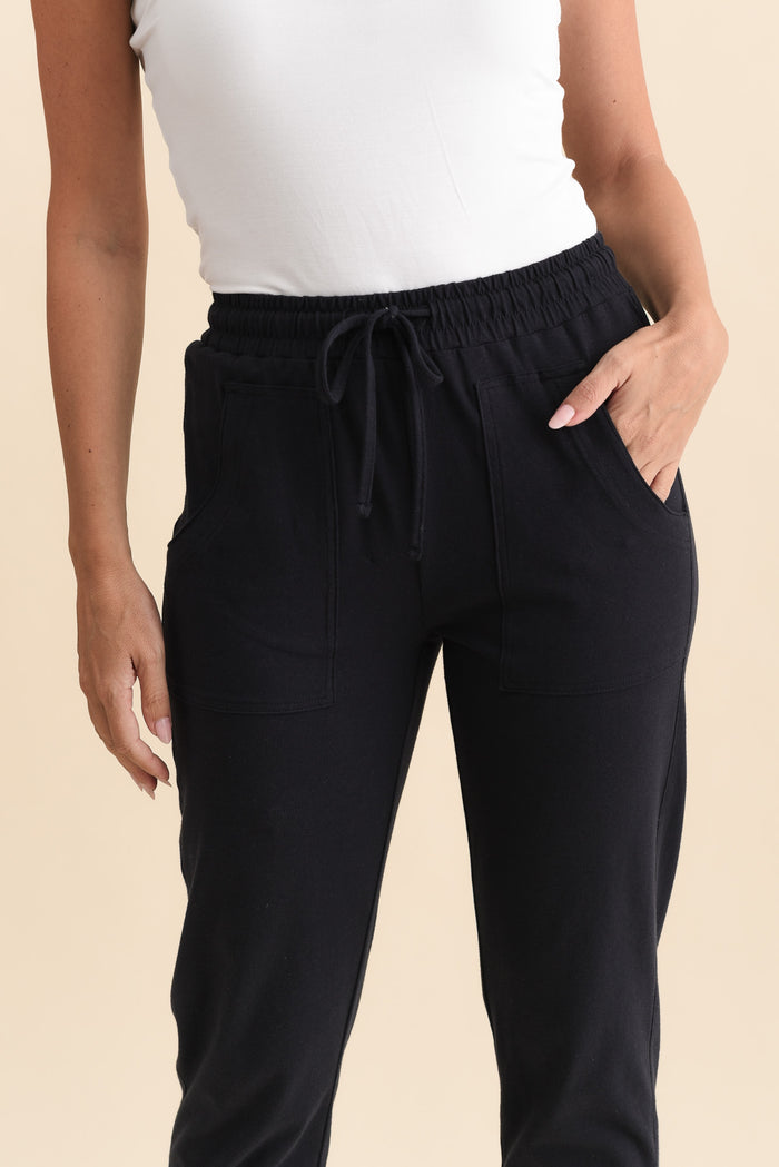Angie Navy Cotton Drawstring Pants,Brunette model,alt text|model:MJ